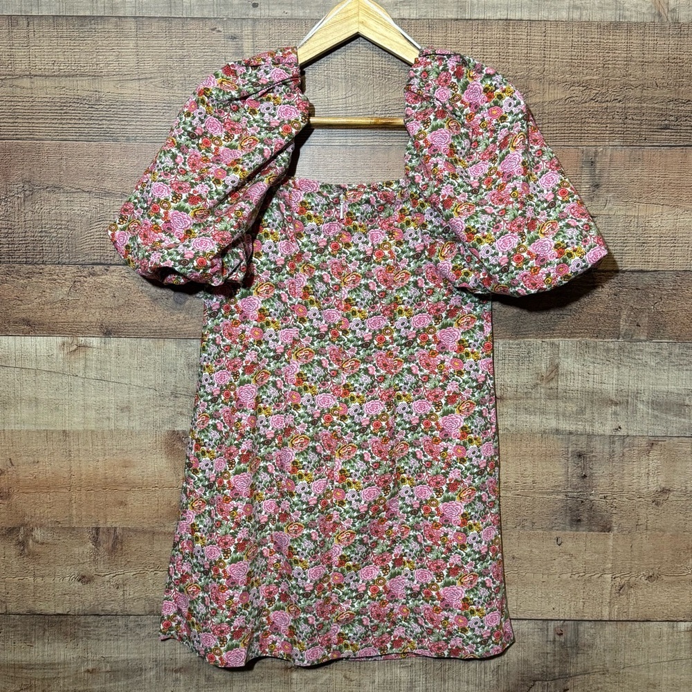 MNG Mini Dress Floral Voluminous Puff Sleeve Cotton Pink/Red Size 4 Blogger Fave - Picture 4 of 9